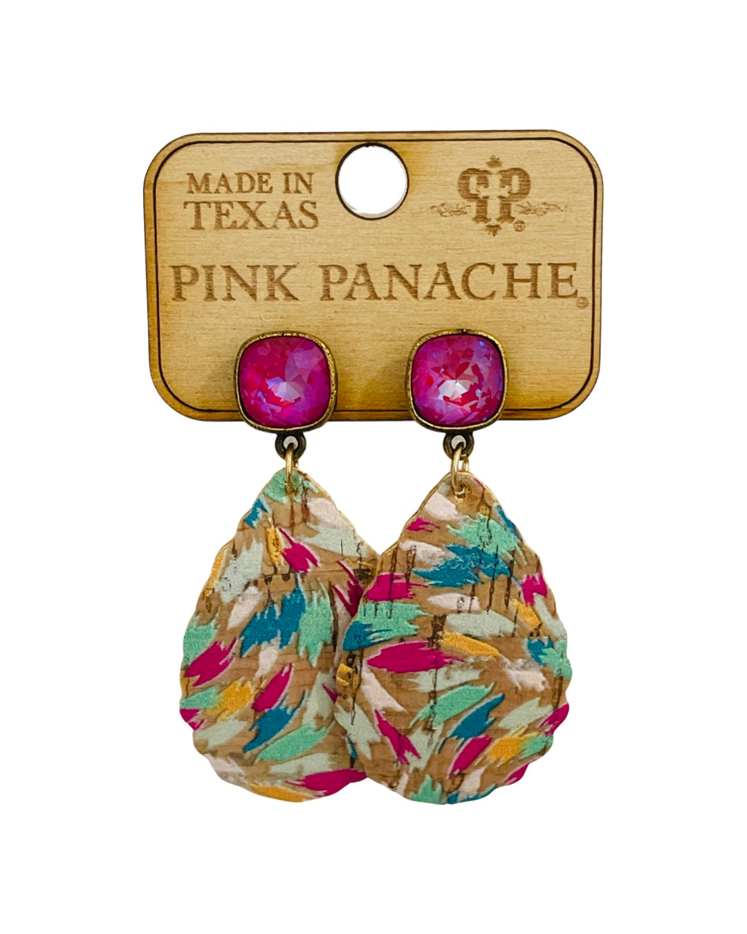 Leopard print cork teardrop and Austrian crystal dangle earring