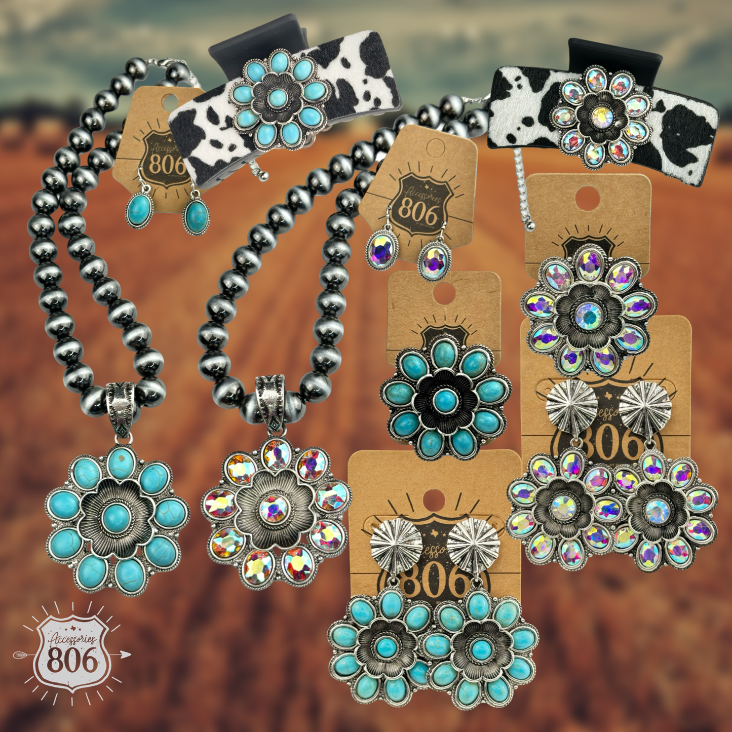 Western flower, silver bead necklace set