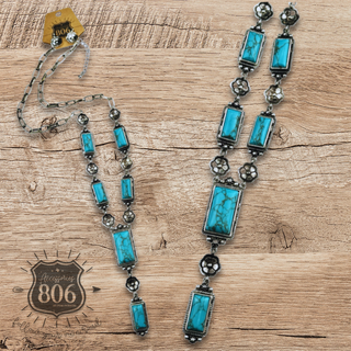 Turquoise and flower charm Y necklace set