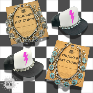 Silver concho, burnished bead hat chain