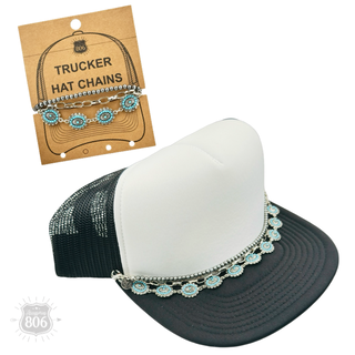 Silver concho, burnished bead hat chain