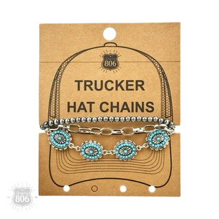 Silver concho, burnished bead hat chain