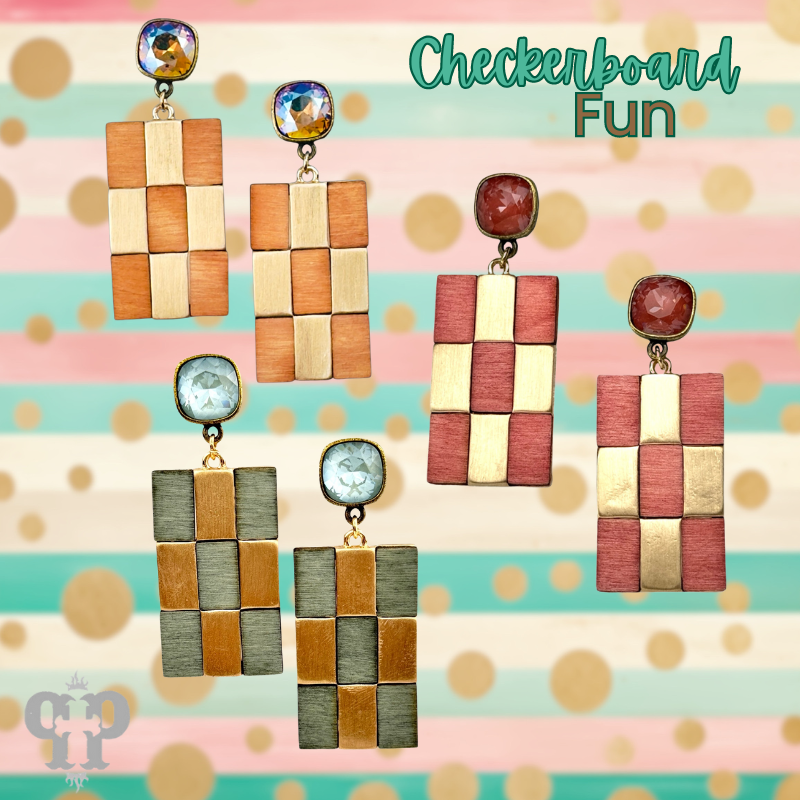 Checkerboard pattern dangle earring with Austrian crystal