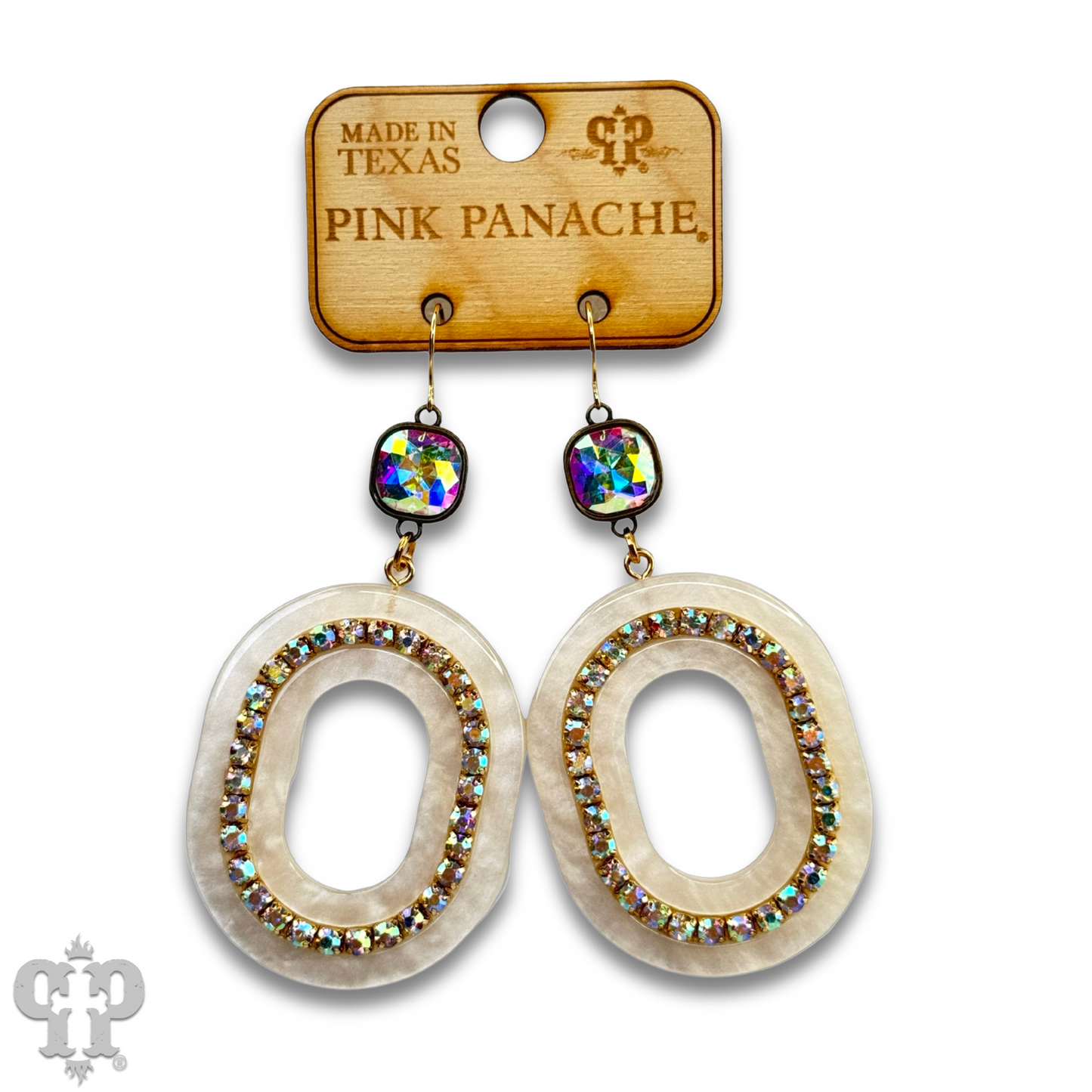 Acrylic swirl and rhinestone oval earring with Austrian crystal