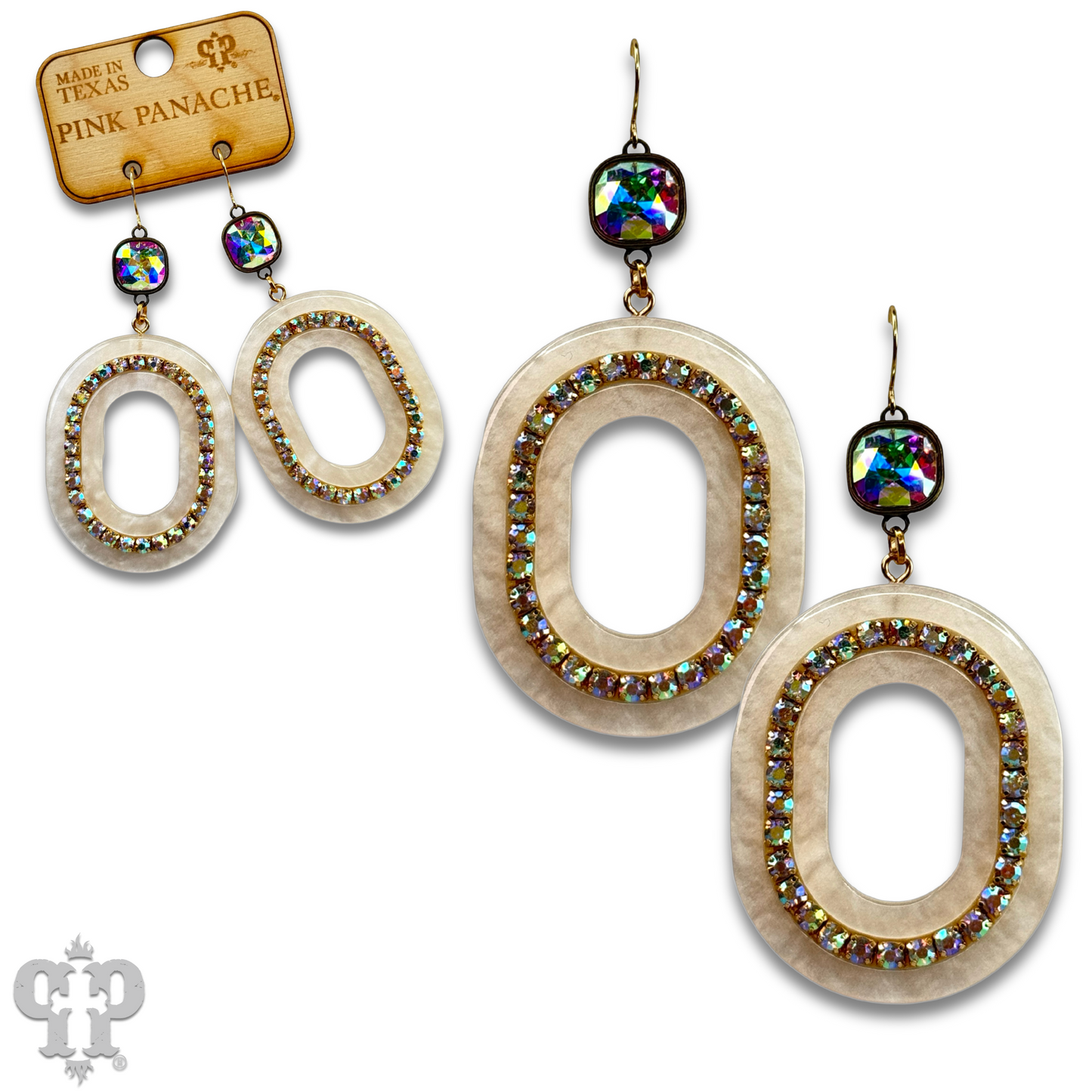 Acrylic swirl and rhinestone oval earring with Austrian crystal