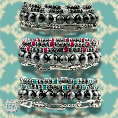 Western burnished pearl bead and chain bracelet set