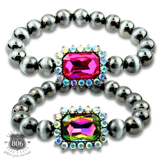 Navajo style burnished beaded bracelet, rhinestone charm