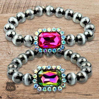 Navajo style burnished beaded bracelet, rhinestone charm