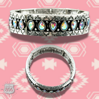 Silver and iridescent stretch cuff bracelet