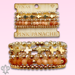 Five strand stone and gold cross bracelet set