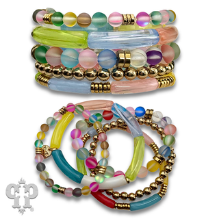 Multi-color round and bamboo bead bracelet set