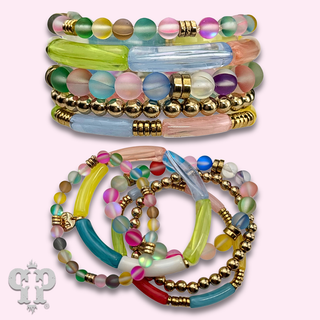 Multi-color round and bamboo bead bracelet set