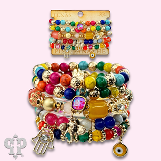 Mixed charm beaded bracelet set with Austrian crystal charm