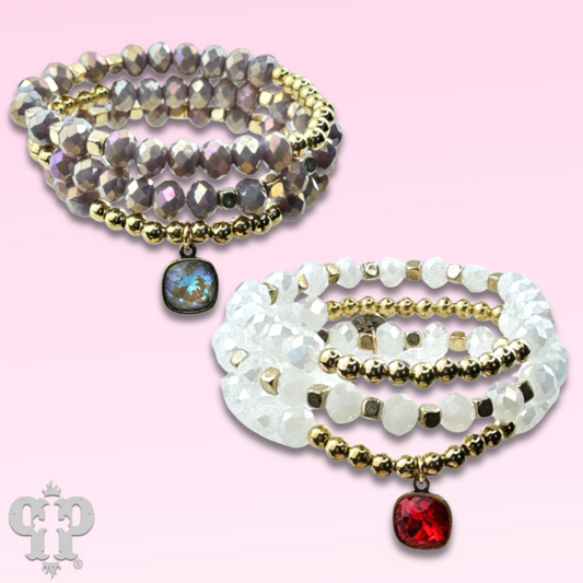 Faceted crystal and gold three strand beaded bracelet with Austrian crystal