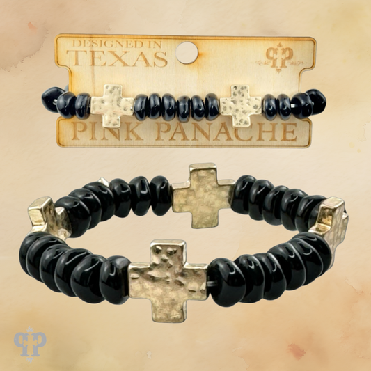 Gold cross and black beaded bracelet