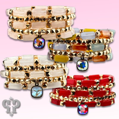 Red square tube acrylic bead stacked bracelet
