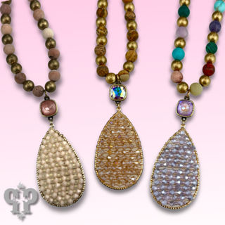 Woven bead pendant on stone bead necklace with Austrian crystal