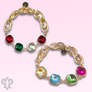Square colorful rhinestone and stretch gold tone bracelet