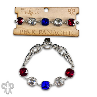 Square multi-color rhinestone and stretch gold tone curvy bracelet