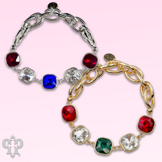 Square multi-color rhinestone and stretch gold tone curvy bracelet