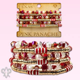 Red faceted and gold disc bead stacked bracelet set