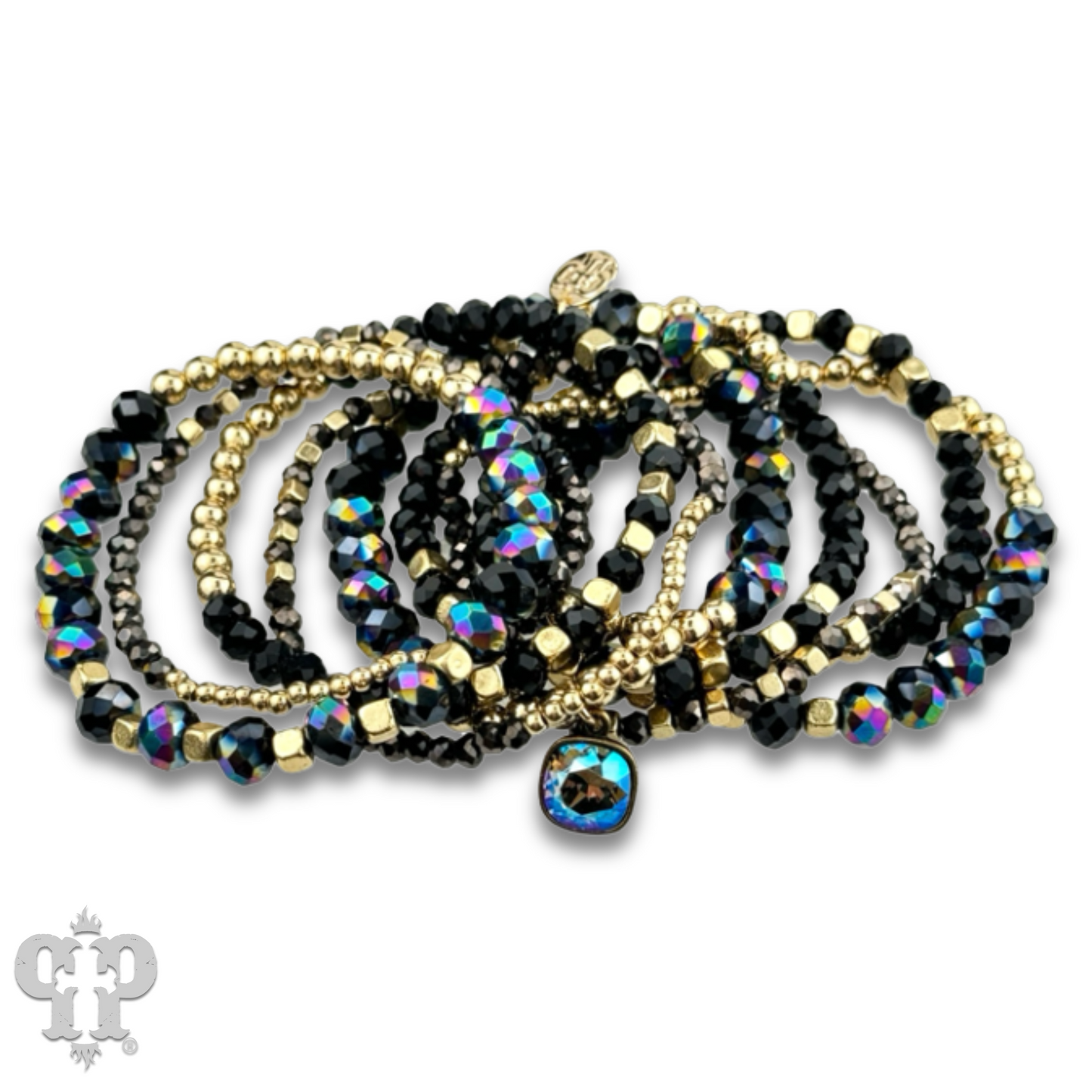 Faceted and smooth bead stacked bracelet, Austrian crystal