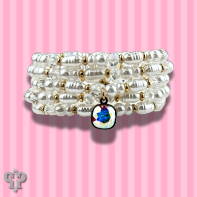 Cream pearl bead bracelet stack, Austrian crystal