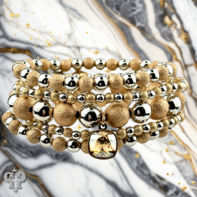 Gold and silver round bead bracelet stack, Austrian crystal