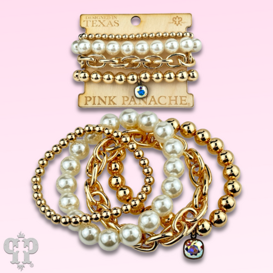 Pearl bead and shiny metal bracelet stack, Austrian crystal