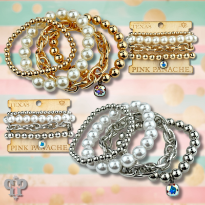 Pearl bead and shiny metal bracelet stack, Austrian crystal