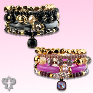 Chunky variety bead bracelet set with Austrian crystal charm