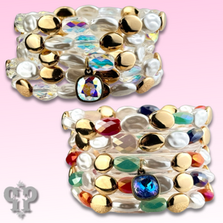 Glass and acrylic bracelet set with Austrian crystal charm