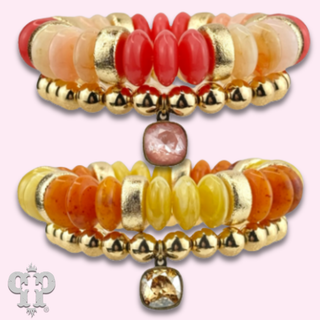 Saucer and round bead bracelet set with Austrian crystal charm