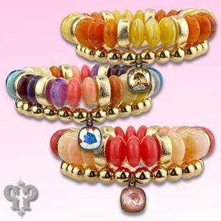 Saucer and round bead bracelet set with Austrian crystal charm