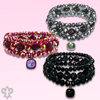Pave ball and glossy glass bead bracelet with Austrian crystal