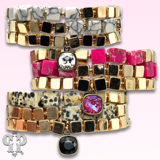 Square stone and gold bead bracelet set with Austrian crystal - LC