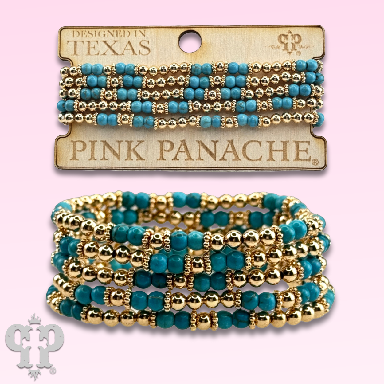 Gold and turquoise bead five strand bracelet