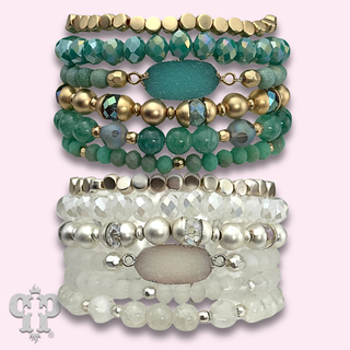 Six strand variety bead and druzy charm bracelet