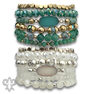 Six strand variety bead and druzy charm bracelet
