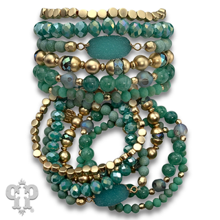 Six strand variety bead and druzy charm bracelet