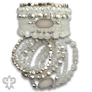 Six strand variety bead and druzy charm bracelet