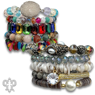 Chunky five strand mixed bead and charm bracelet set
