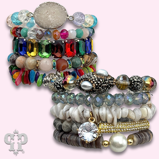 Chunky five strand mixed bead and charm bracelet set