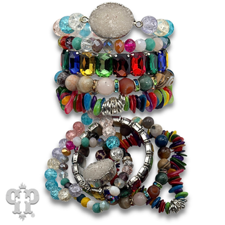 Chunky five strand mixed bead and charm bracelet set