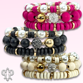 Round and disc shape wood bead bracelet stack - LC