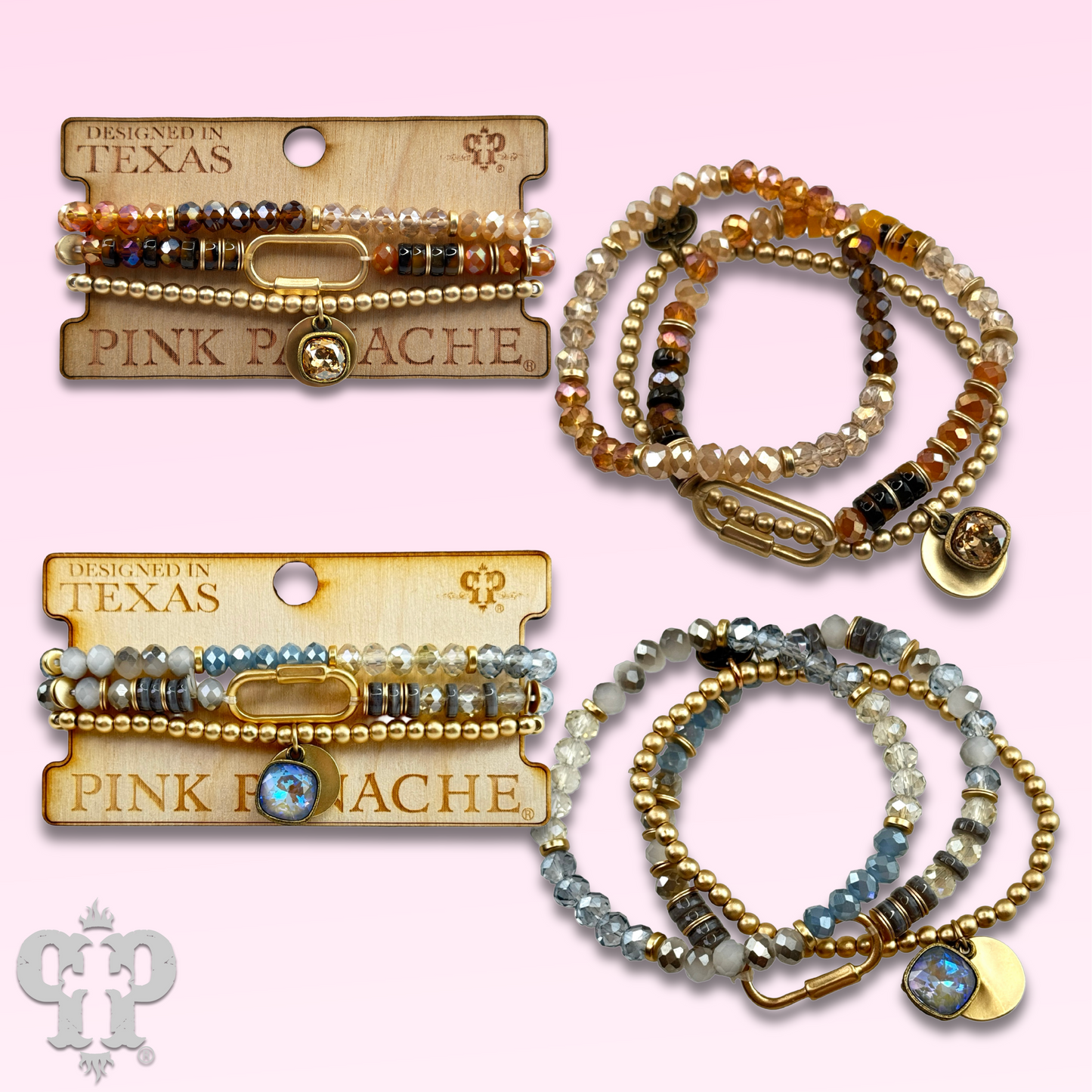 Three strand bracelet stack with screw lock charm and Austrian crystal