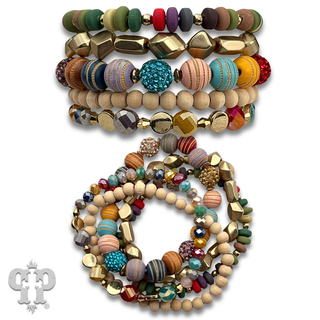 Multi-strand variety shape bead bracelet stack