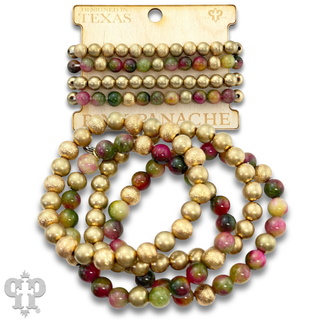 Color-hue jasper and gold bead bracelet set - LC