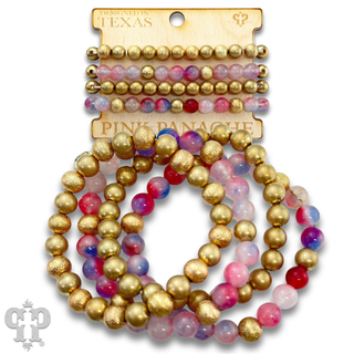 Color-hue jasper and gold bead bracelet set - LC