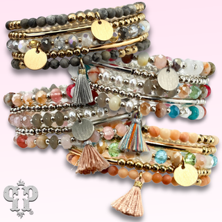Colorful and gold bead charm bracelet stack